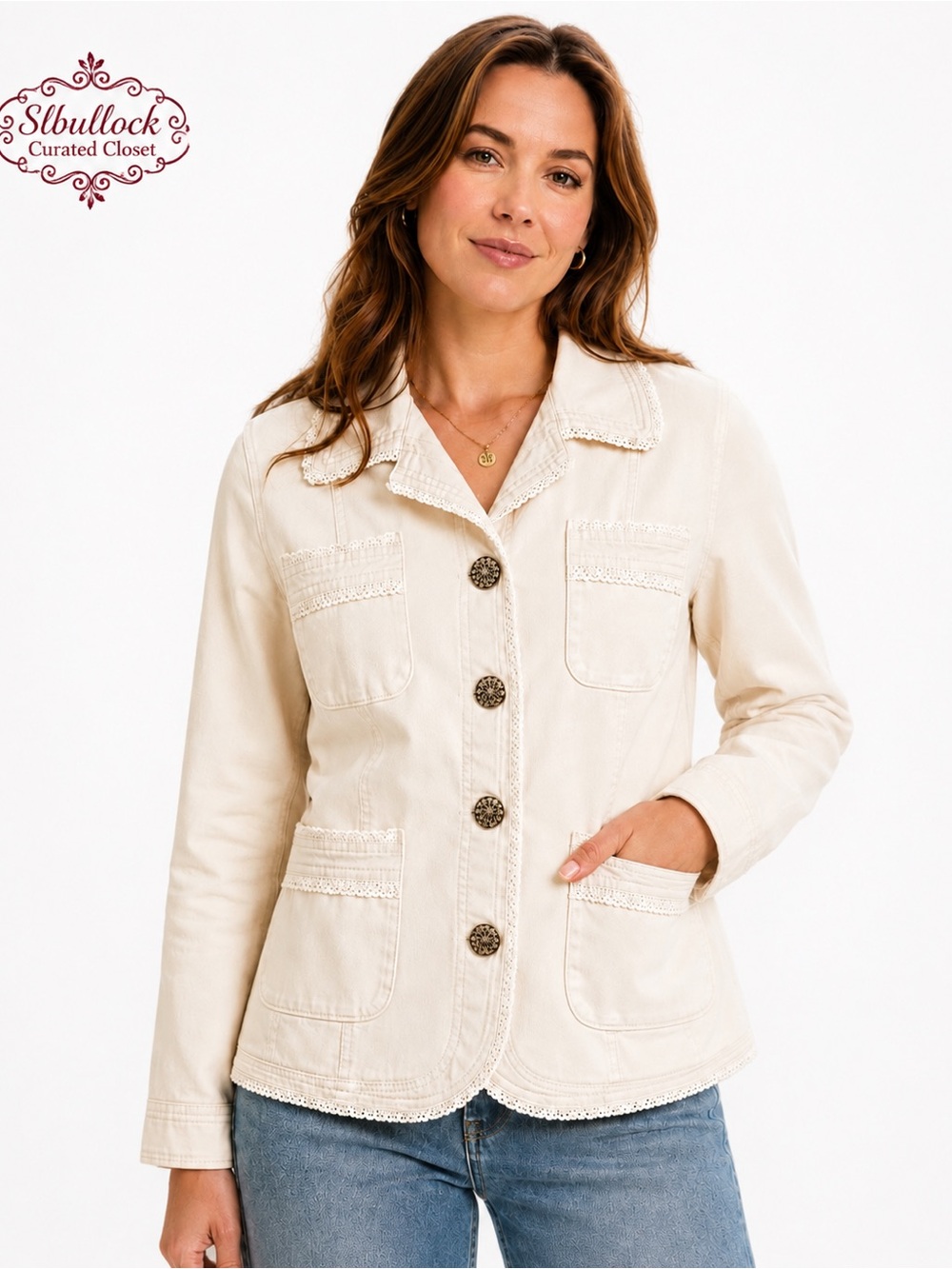 J2 Live A Little Size Medium Cream Cotton Blend Crochet Trim Button Jacket